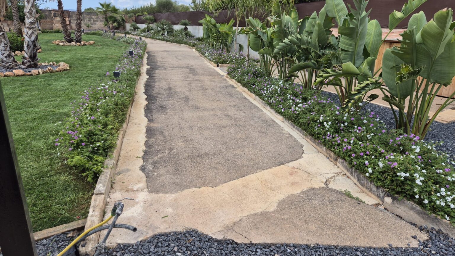 Césped natural verde y bien cuidado en el diseño de un jardín residencial en Mallorca.